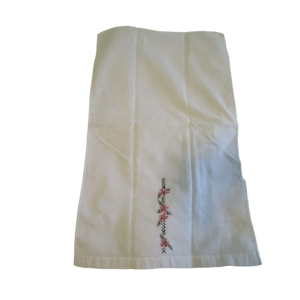 Vintage Hand Embroidered Guest Tea Hand Towels Pink Red Floral Minor Age Stains